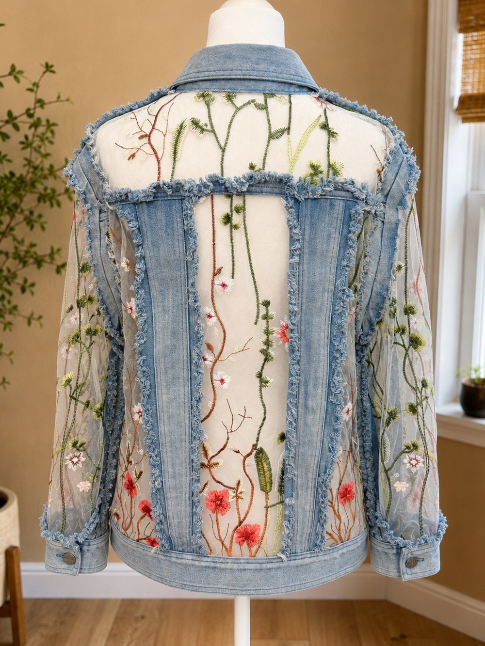 A.Z.I. Vintage Inspired Embroidered Sheer Mesh Denim Statement Jacket- Medium - Picture 5 of 10